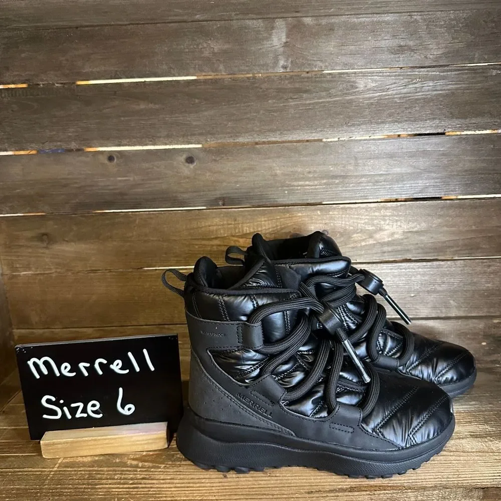 New NWOB Womens Merrell Cloud Puff Black Waterproof Winter Snow Boots Size 6 M‎
